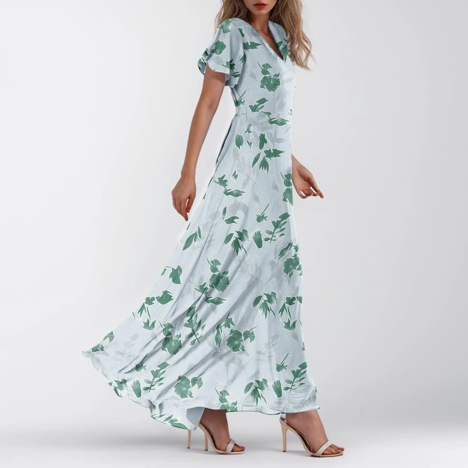 Maxi Floral Dresses for Women 2025 Summer Elegant Flowy Sundresses Trendy Flutter Sleeve Boho Long Dress V Neck Party
