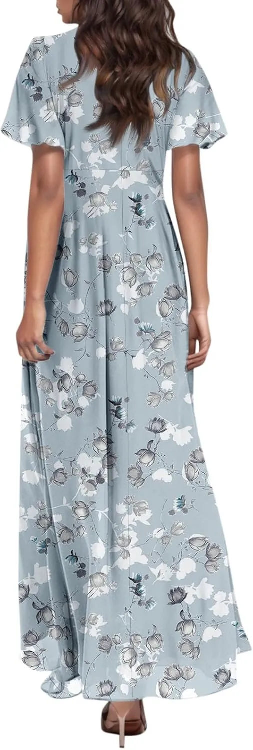 Maxi Floral Dresses for Women 2025 Summer Elegant Flowy Sundresses Trendy Flutter Sleeve Boho Long Dress V Neck Party