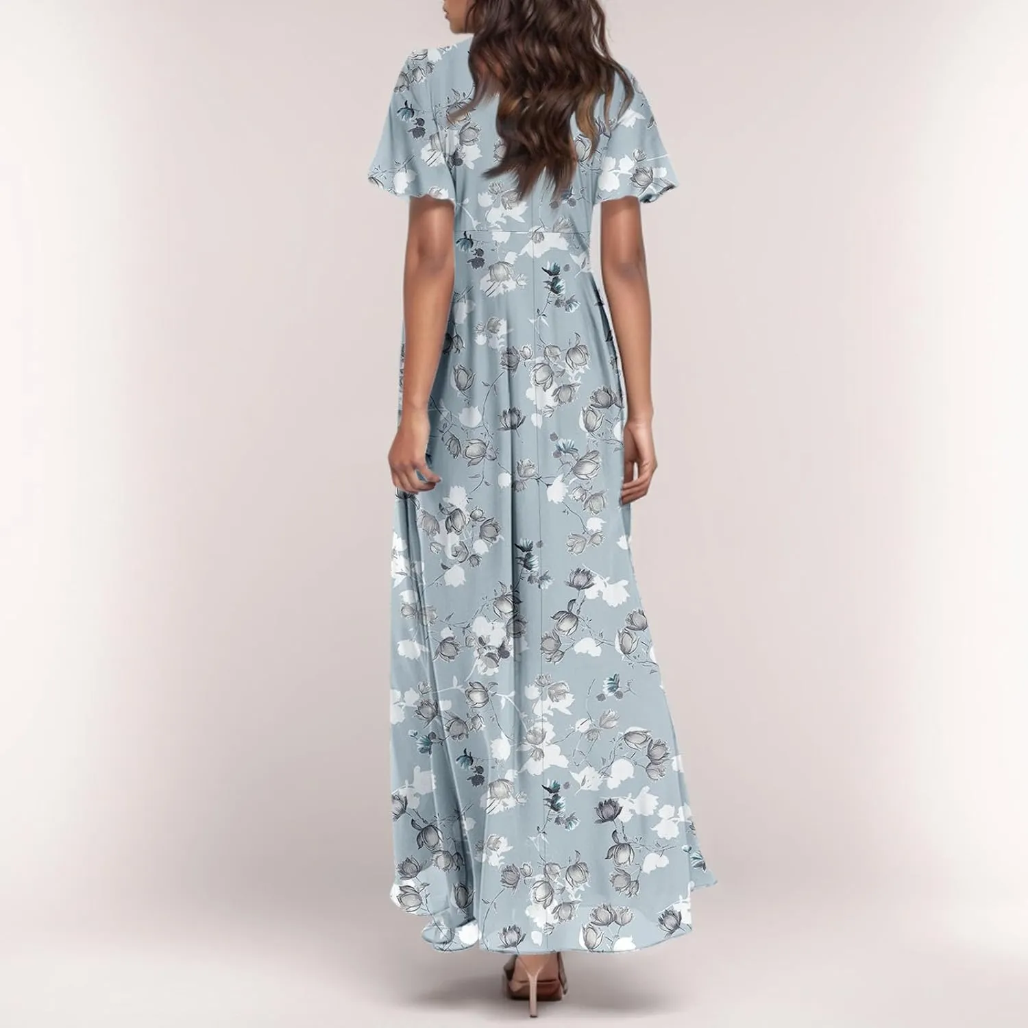 Maxi Floral Dresses for Women 2025 Summer Elegant Flowy Sundresses Trendy Flutter Sleeve Boho Long Dress V Neck Party