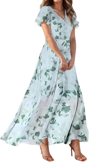 Maxi Floral Dresses for Women 2025 Summer Elegant Flowy Sundresses Trendy Flutter Sleeve Boho Long Dress V Neck Party