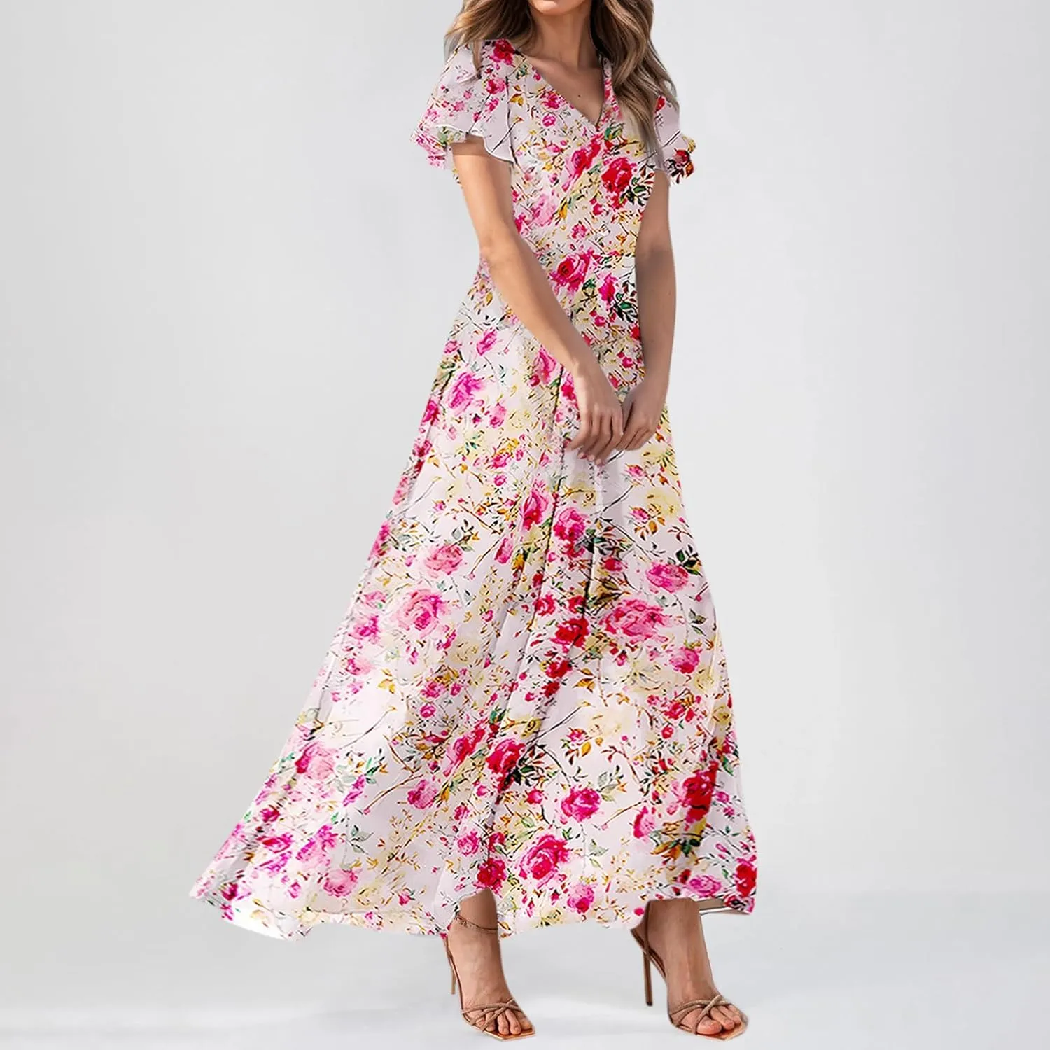 Maxi Floral Dresses for Women 2025 Summer Elegant Flowy Sundresses Trendy Flutter Sleeve Boho Long Dress V Neck Party