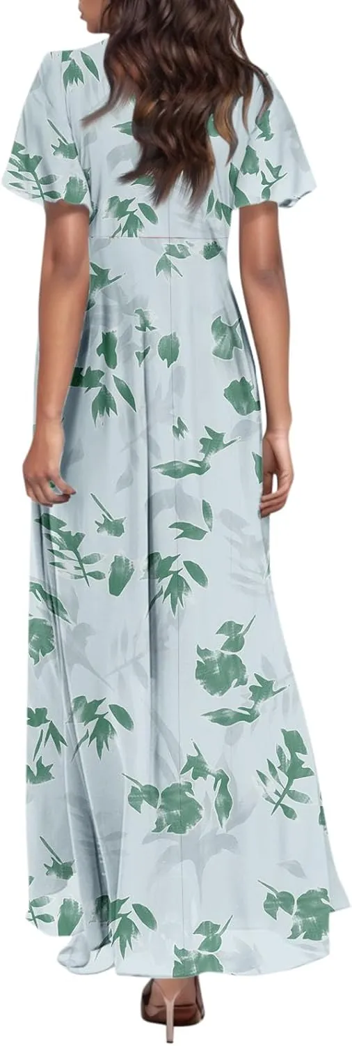 Maxi Floral Dresses for Women 2025 Summer Elegant Flowy Sundresses Trendy Flutter Sleeve Boho Long Dress V Neck Party