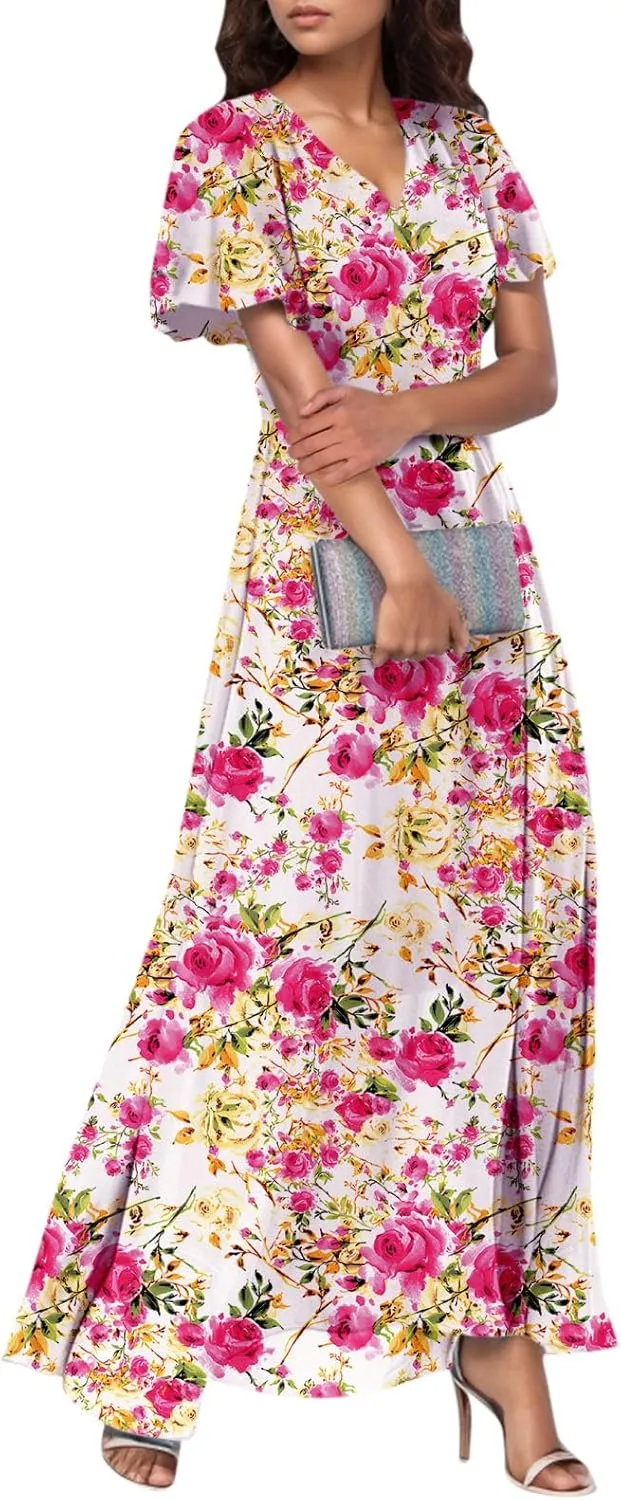 Maxi Floral Dresses for Women 2025 Summer Elegant Flowy Sundresses Trendy Flutter Sleeve Boho Long Dress V Neck Party