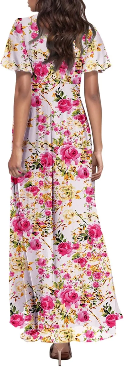 Maxi Floral Dresses for Women 2025 Summer Elegant Flowy Sundresses Trendy Flutter Sleeve Boho Long Dress V Neck Party