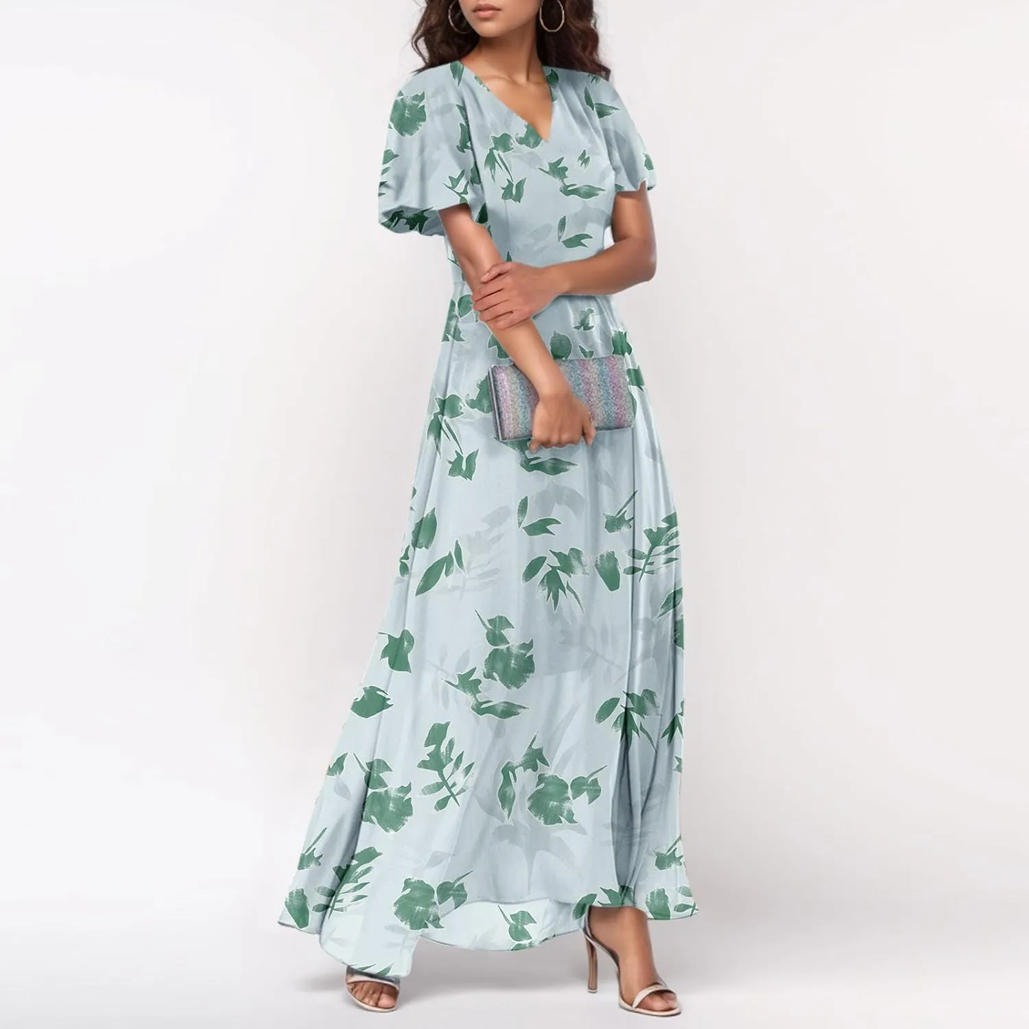 Maxi Floral Dresses for Women 2025 Summer Elegant Flowy Sundresses Trendy Flutter Sleeve Boho Long Dress V Neck Party