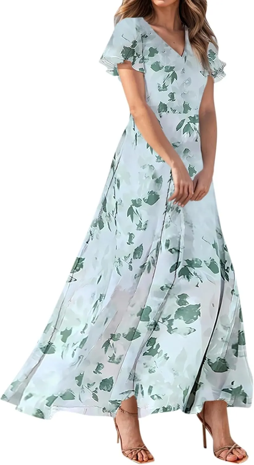 Maxi Floral Dresses for Women 2025 Summer Elegant Flowy Sundresses Trendy Flutter Sleeve Boho Long Dress V Neck Party
