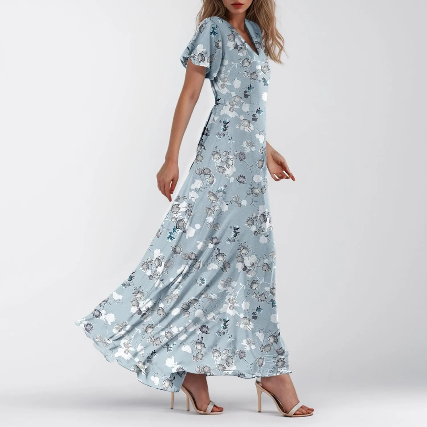 Maxi Floral Dresses for Women 2025 Summer Elegant Flowy Sundresses Trendy Flutter Sleeve Boho Long Dress V Neck Party