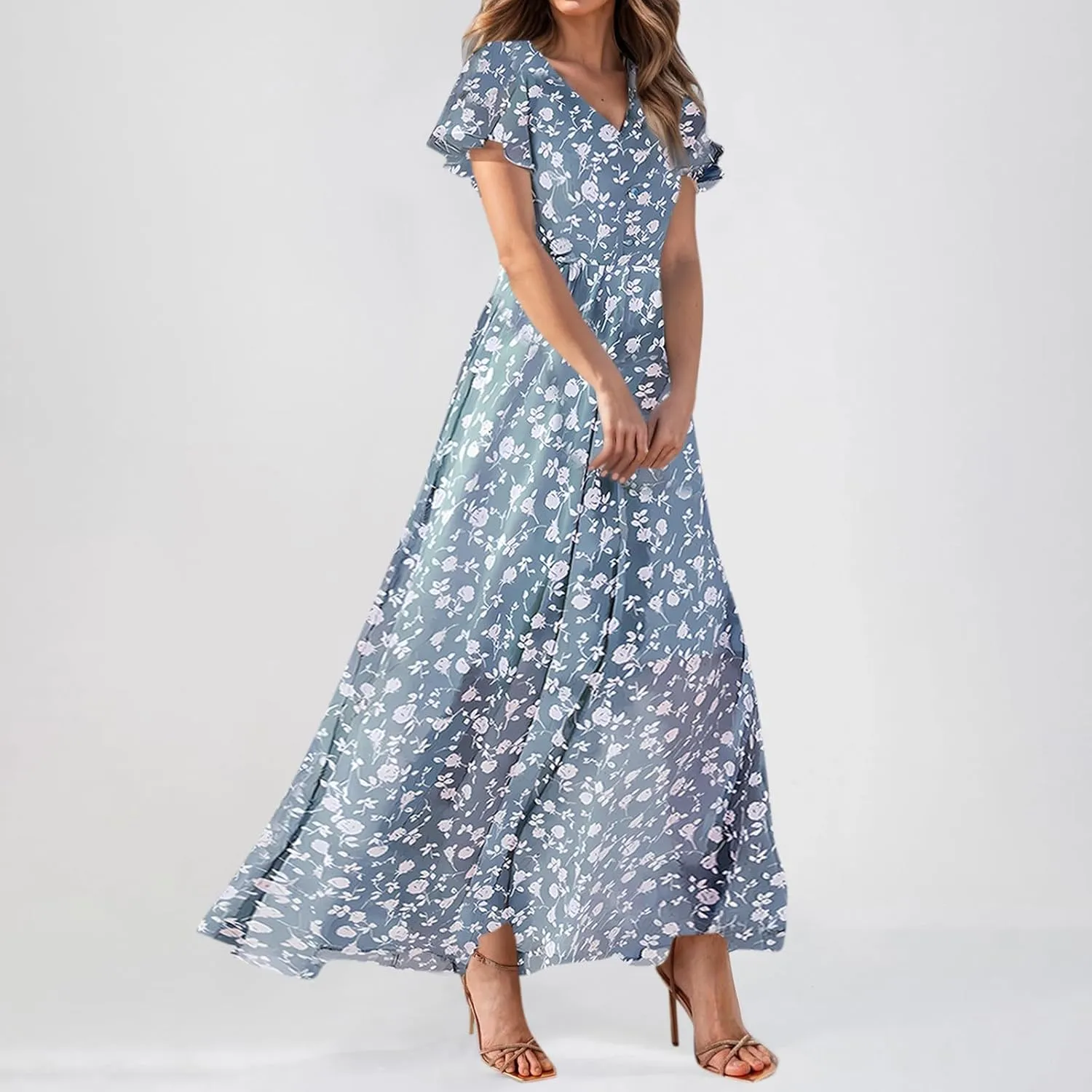 Maxi Floral Dresses for Women 2025 Summer Elegant Flowy Sundresses Trendy Flutter Sleeve Boho Long Dress V Neck Party