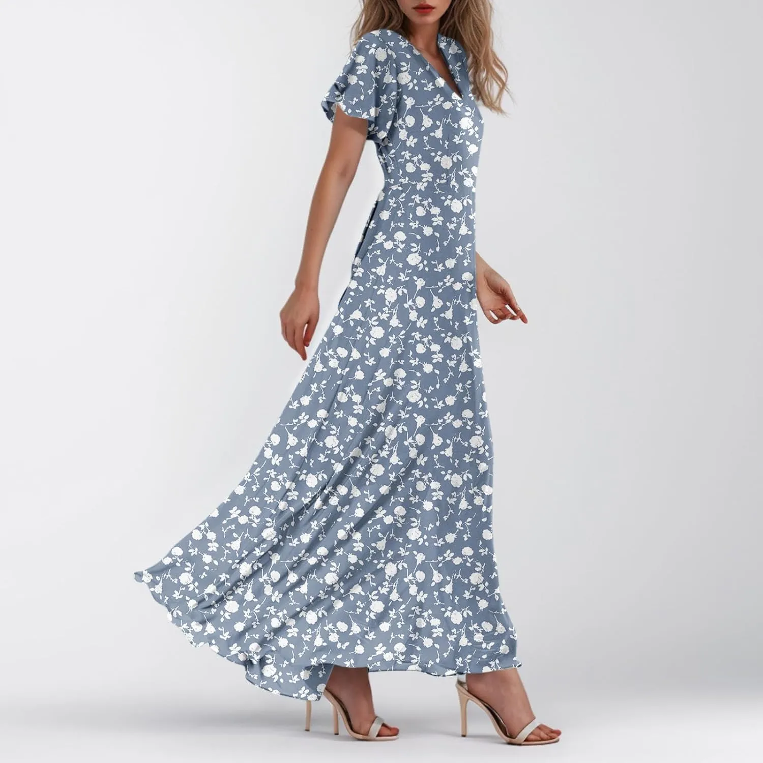 Maxi Floral Dresses for Women 2025 Summer Elegant Flowy Sundresses Trendy Flutter Sleeve Boho Long Dress V Neck Party
