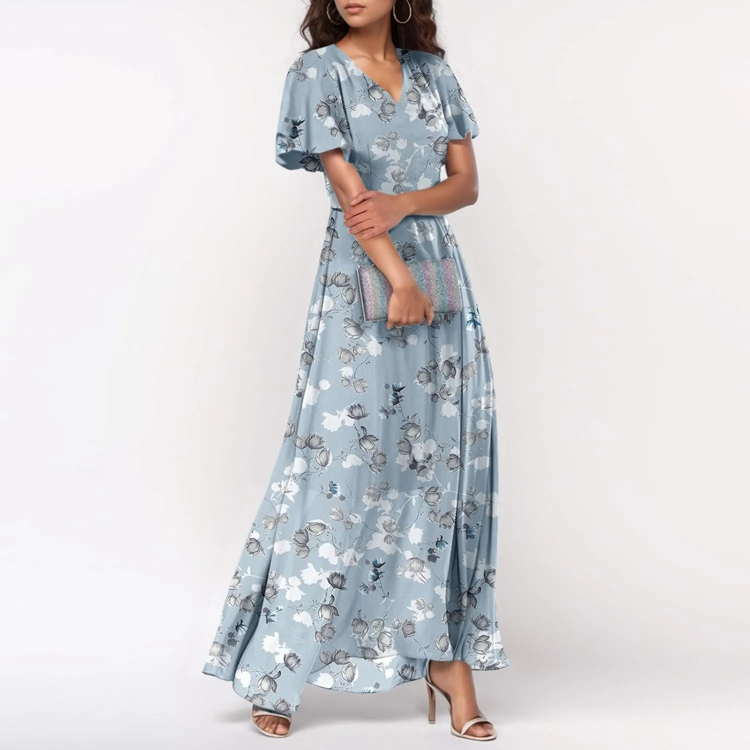 Maxi Floral Dresses for Women 2025 Summer Elegant Flowy Sundresses Trendy Flutter Sleeve Boho Long Dress V Neck Party