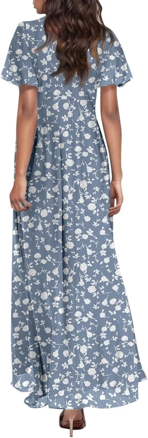 Maxi Floral Dresses for Women 2025 Summer Elegant Flowy Sundresses Trendy Flutter Sleeve Boho Long Dress V Neck Party
