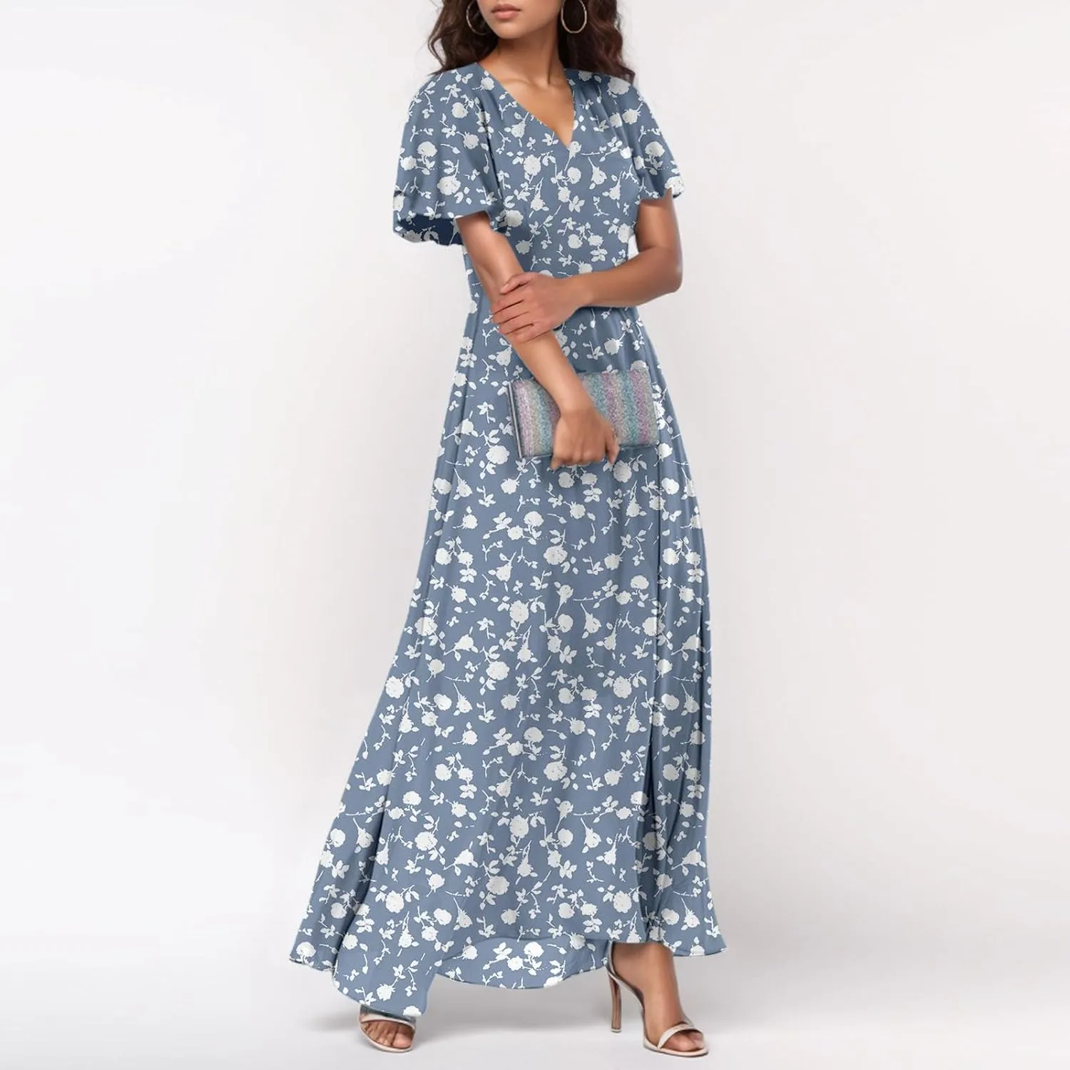 Maxi Floral Dresses for Women 2025 Summer Elegant Flowy Sundresses Trendy Flutter Sleeve Boho Long Dress V Neck Party