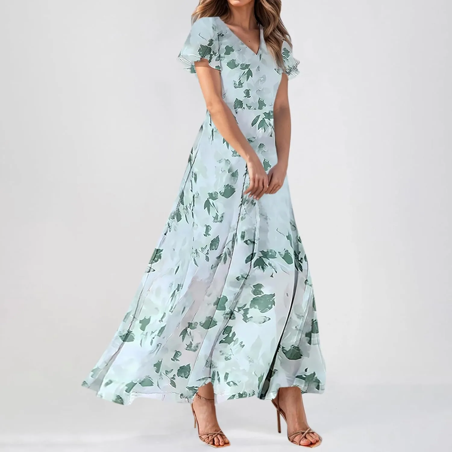 Maxi Floral Dresses for Women 2025 Summer Elegant Flowy Sundresses Trendy Flutter Sleeve Boho Long Dress V Neck Party