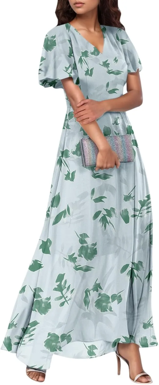 Maxi Floral Dresses for Women 2025 Summer Elegant Flowy Sundresses Trendy Flutter Sleeve Boho Long Dress V Neck Party