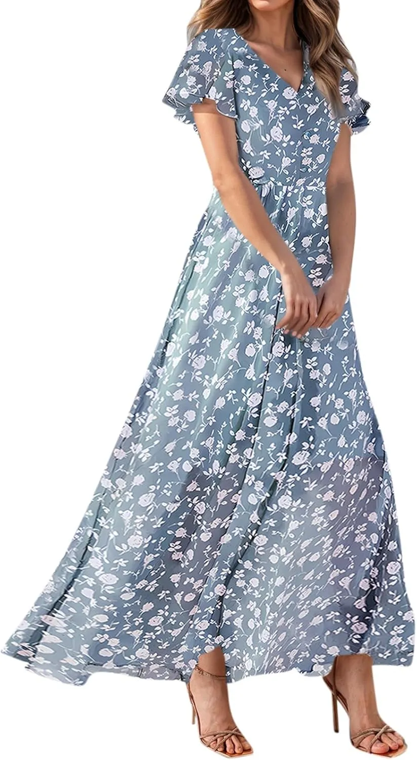 Maxi Floral Dresses for Women 2025 Summer Elegant Flowy Sundresses Trendy Flutter Sleeve Boho Long Dress V Neck Party