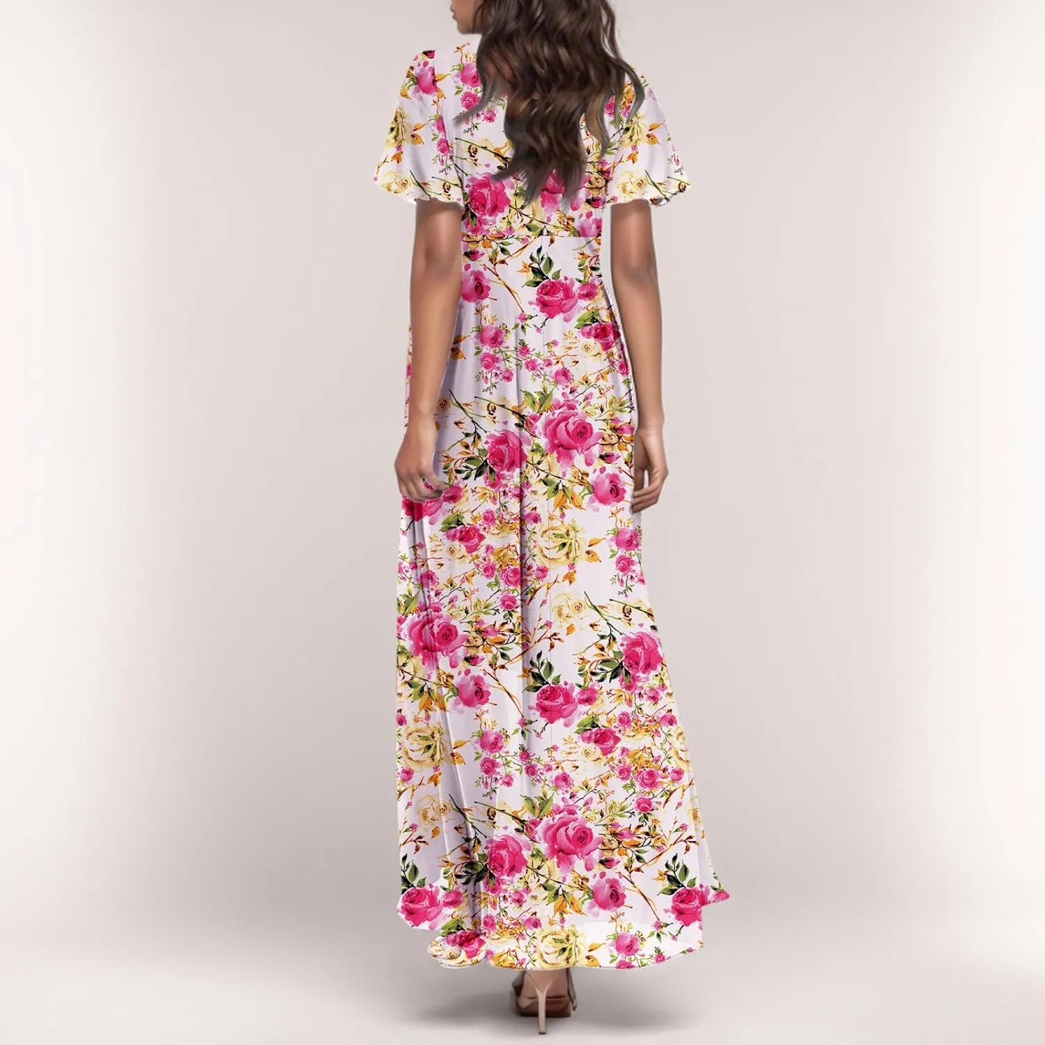 Maxi Floral Dresses for Women 2025 Summer Elegant Flowy Sundresses Trendy Flutter Sleeve Boho Long Dress V Neck Party