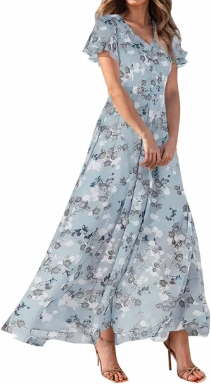 Maxi Floral Dresses for Women 2025 Summer Elegant Flowy Sundresses Trendy Flutter Sleeve Boho Long Dress V Neck Party
