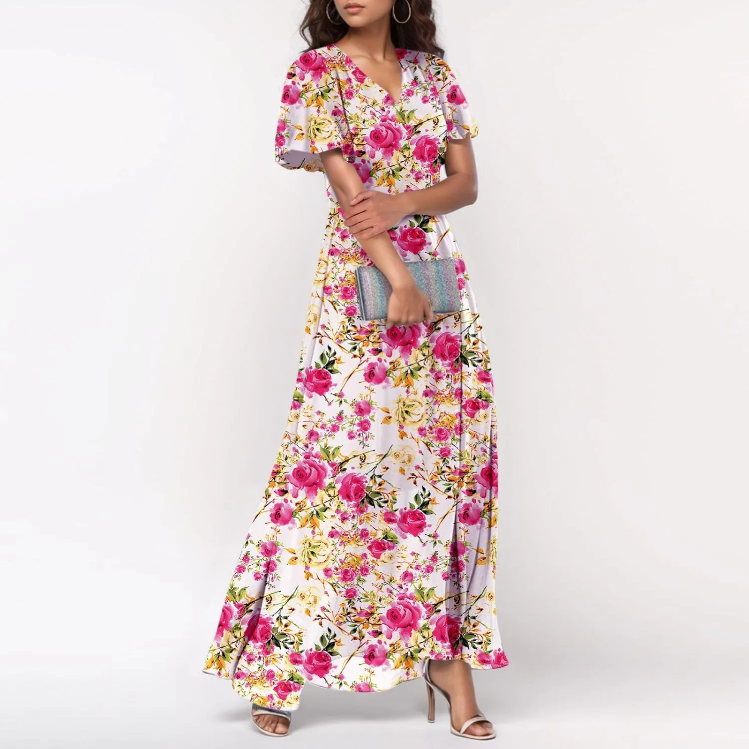 Maxi Floral Dresses for Women 2025 Summer Elegant Flowy Sundresses Trendy Flutter Sleeve Boho Long Dress V Neck Party