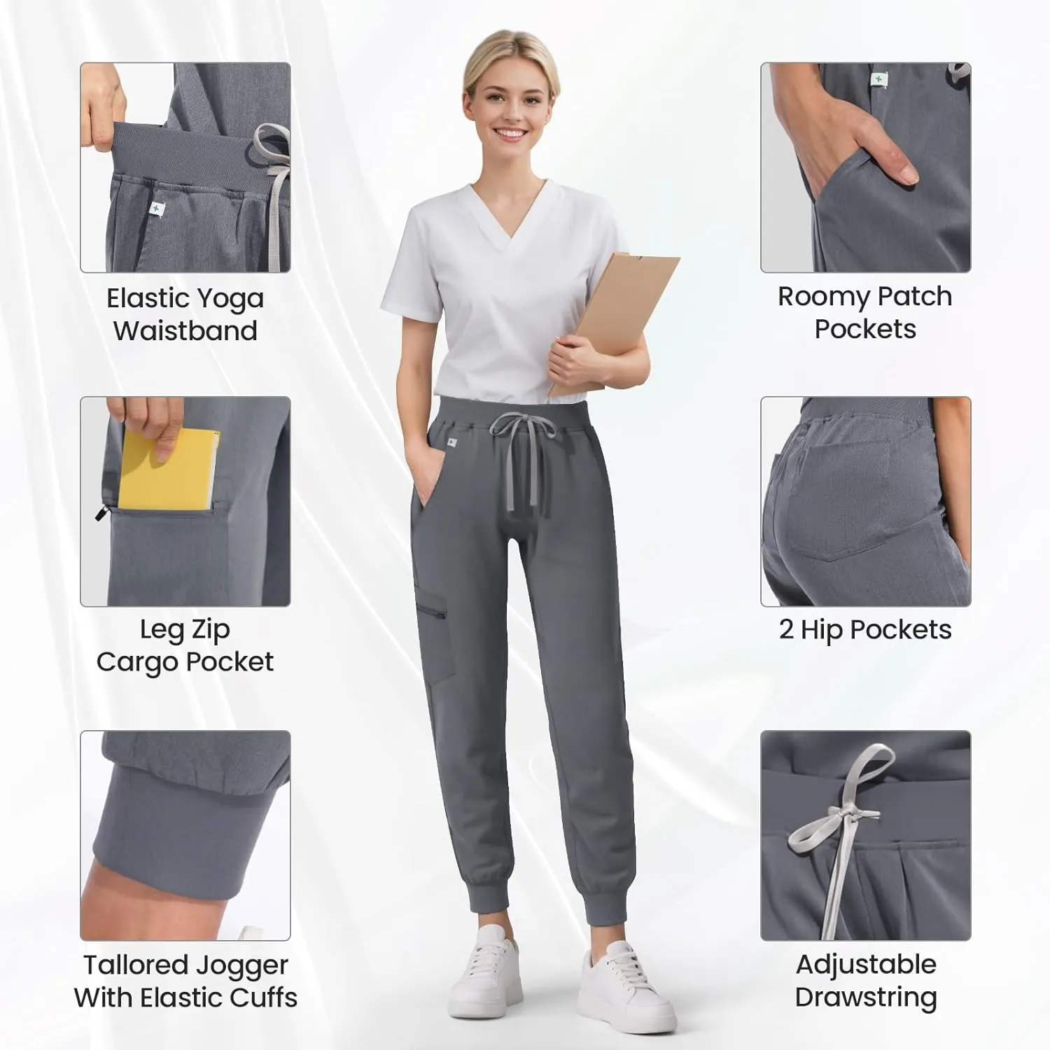 Medical Scrub Pants for Women, Jogger Scrub Pants with 5 Pockets Drawstring Cargo Pants Mid-Rise Womens Scrubs Pant