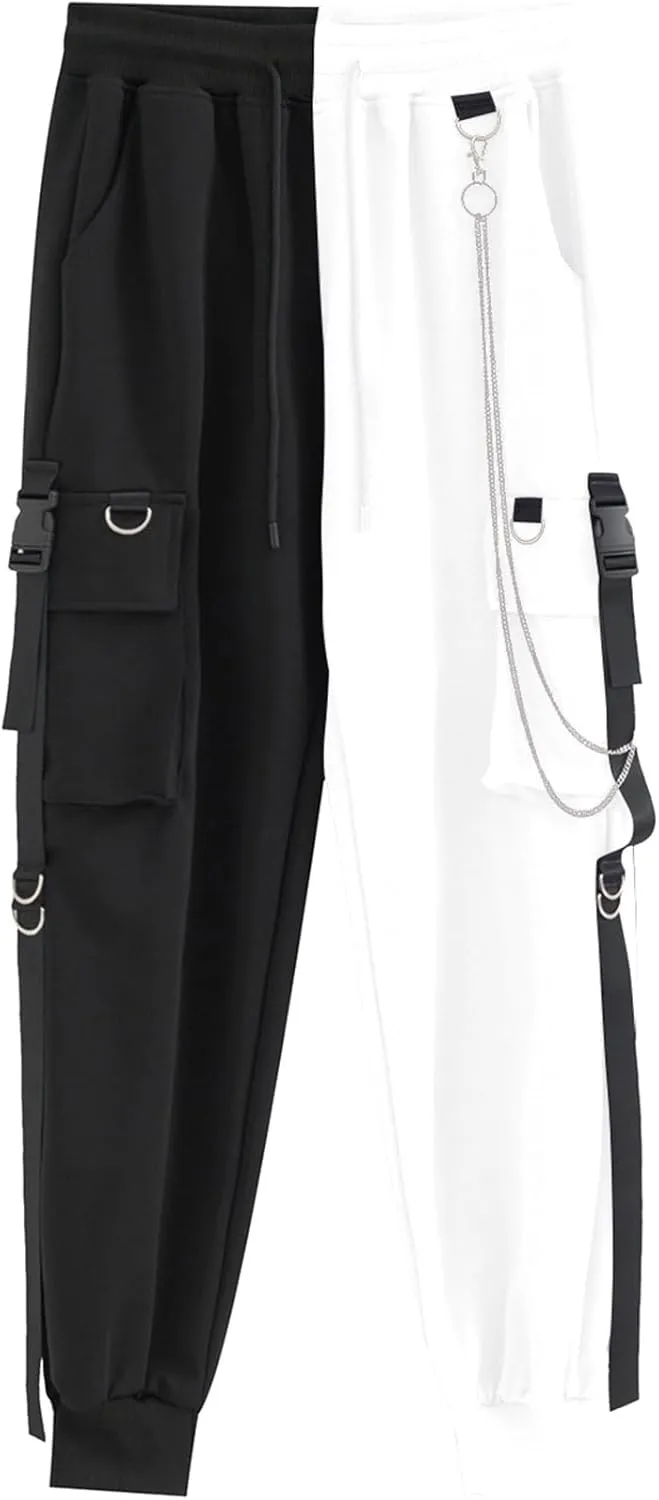 MEINVQIAOTI Black Cargo Pants for Women Techwear Women Loose Street Rock Style Casual Black Pants with Chain Goth Pants