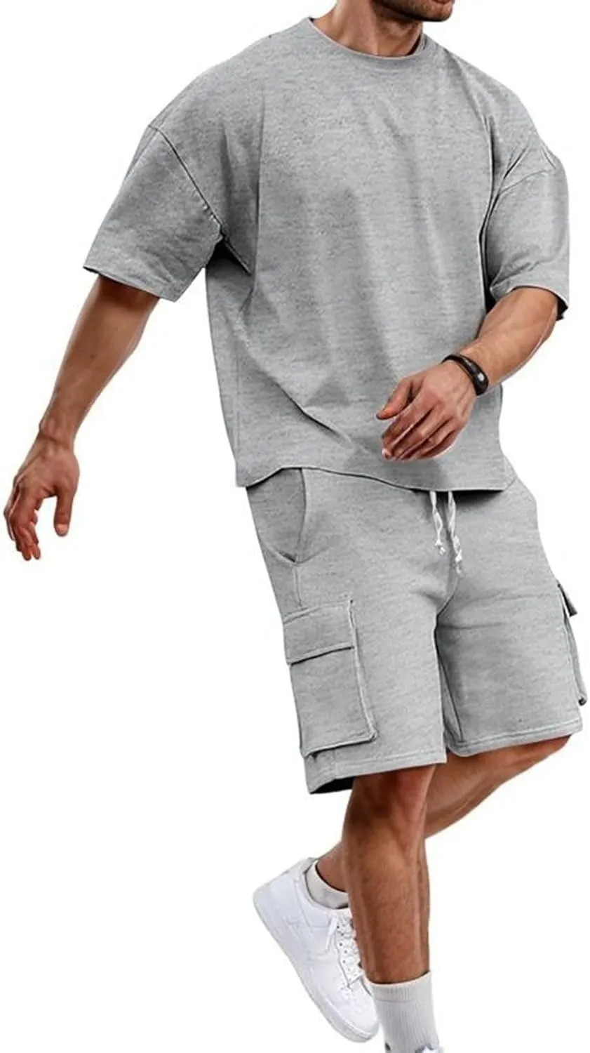 Men Outfits 2 Piece Fashion Casual Summer Drop Shoulder Oversize Tee Shirt Shorts Set Athletic Jogging Tracksuit