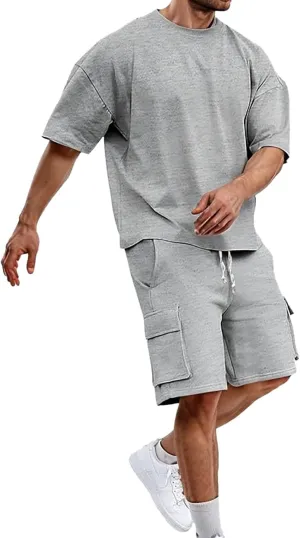 Men Outfits 2 Piece Fashion Casual Summer Drop Shoulder Oversize Tee Shirt Shorts Set Athletic Jogging Tracksuit