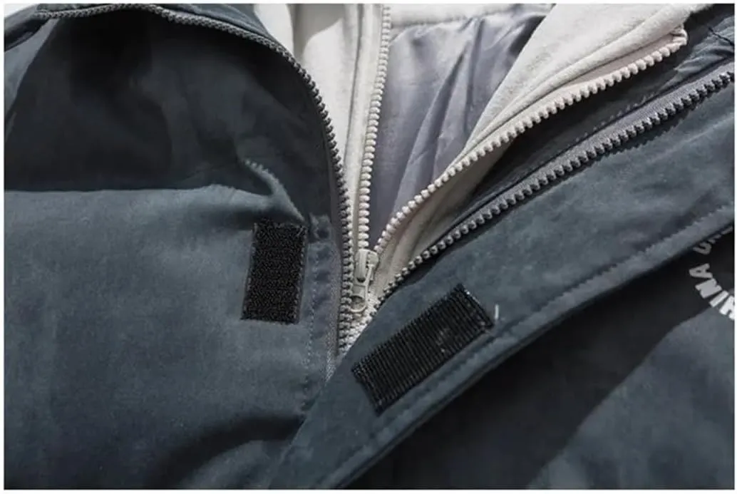 Men Winter Color Contrast Fake Two Piece Cotton-Padded Jacket Hooded Loose Parka Couple Coat