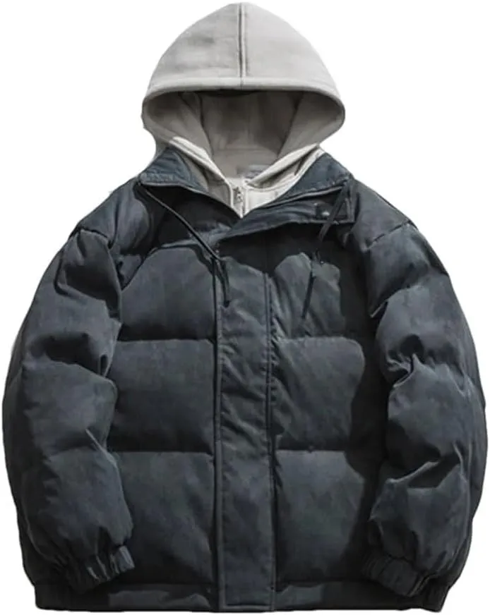 Men Winter Color Contrast Fake Two Piece Cotton-Padded Jacket Hooded Loose Parka Couple Coat