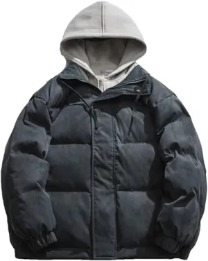 Men Winter Color Contrast Fake Two Piece Cotton-Padded Jacket Hooded Loose Parka Couple Coat