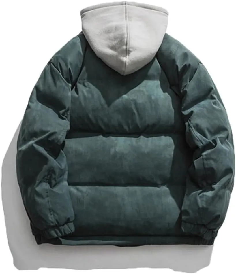 Men Winter Color Contrast Fake Two Piece Cotton-Padded Jacket Hooded Loose Parka Couple Coat