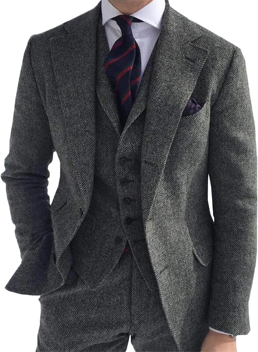 Men's 3 Piece Business Suit Regular Fit Herringbone Groomsmen Tuxedo Wool Jacket Vest & Pants