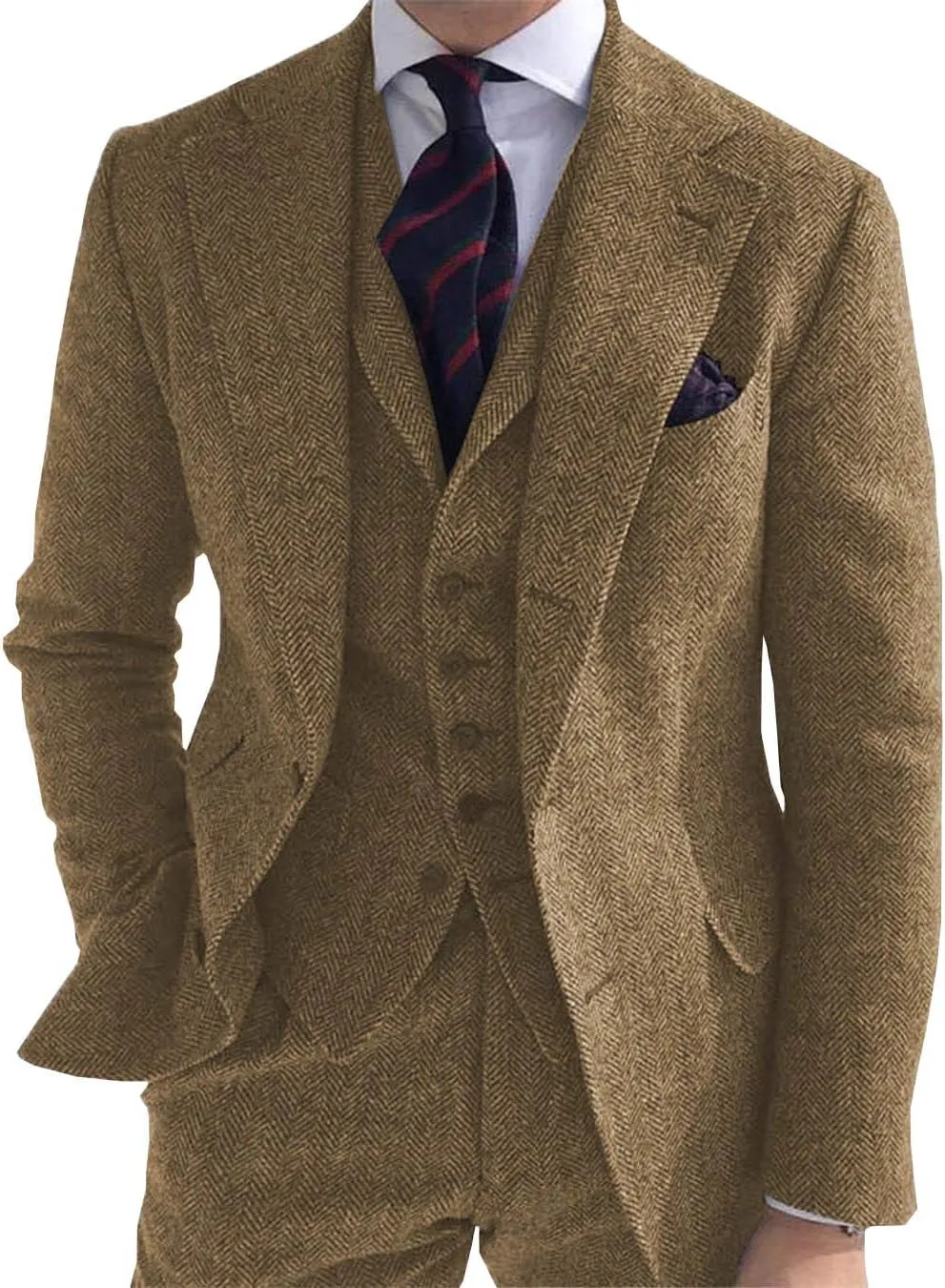 Men's 3 Piece Business Suit Regular Fit Herringbone Groomsmen Tuxedo Wool Jacket Vest & Pants