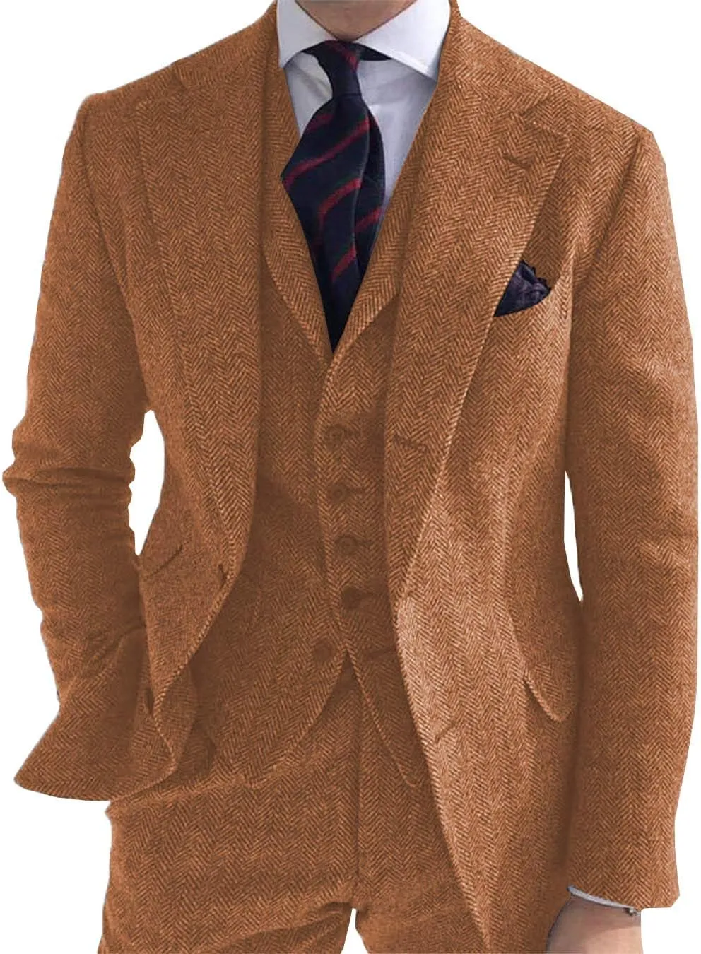 Men's 3 Piece Business Suit Regular Fit Herringbone Groomsmen Tuxedo Wool Jacket Vest & Pants