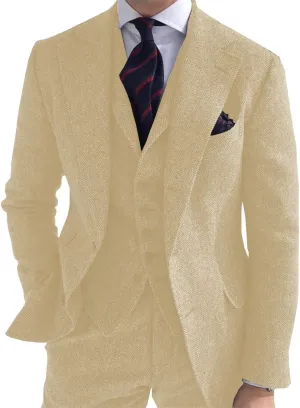Men's 3 Piece Business Suit Regular Fit Herringbone Groomsmen Tuxedo Wool Jacket Vest & Pants