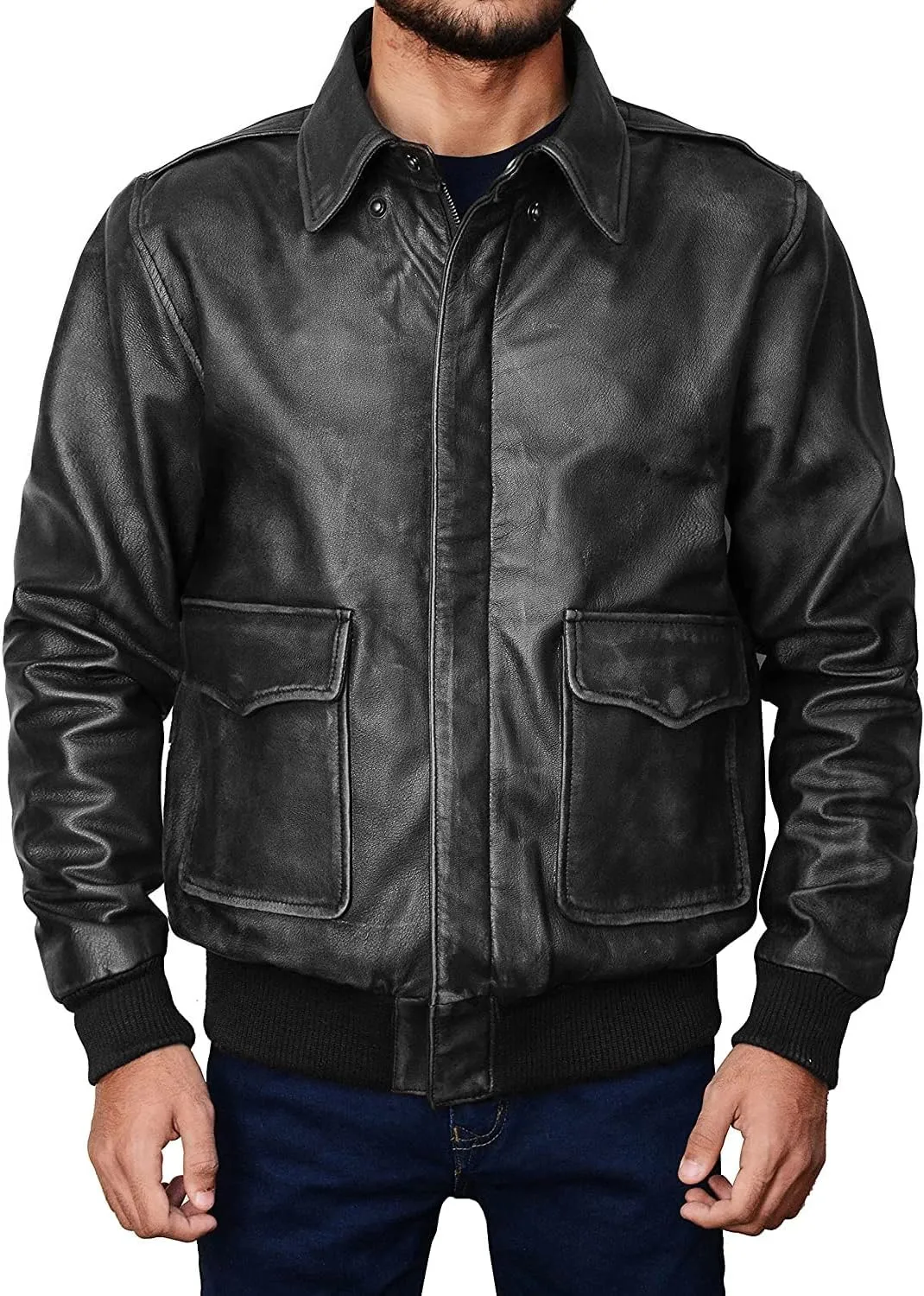 Men's A2 Aviator Pilot Flight Distressed Brown Leather Jacket - WW2 USAAF Air Force Flying Bomber Outerwear