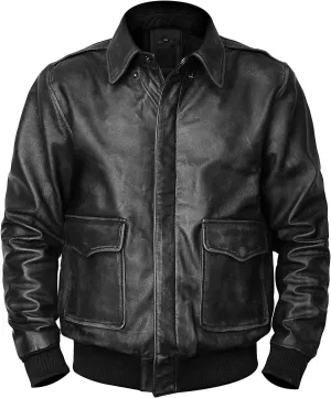 Men's A2 Aviator Pilot Flight Distressed Brown Leather Jacket - WW2 USAAF Air Force Flying Bomber Outerwear