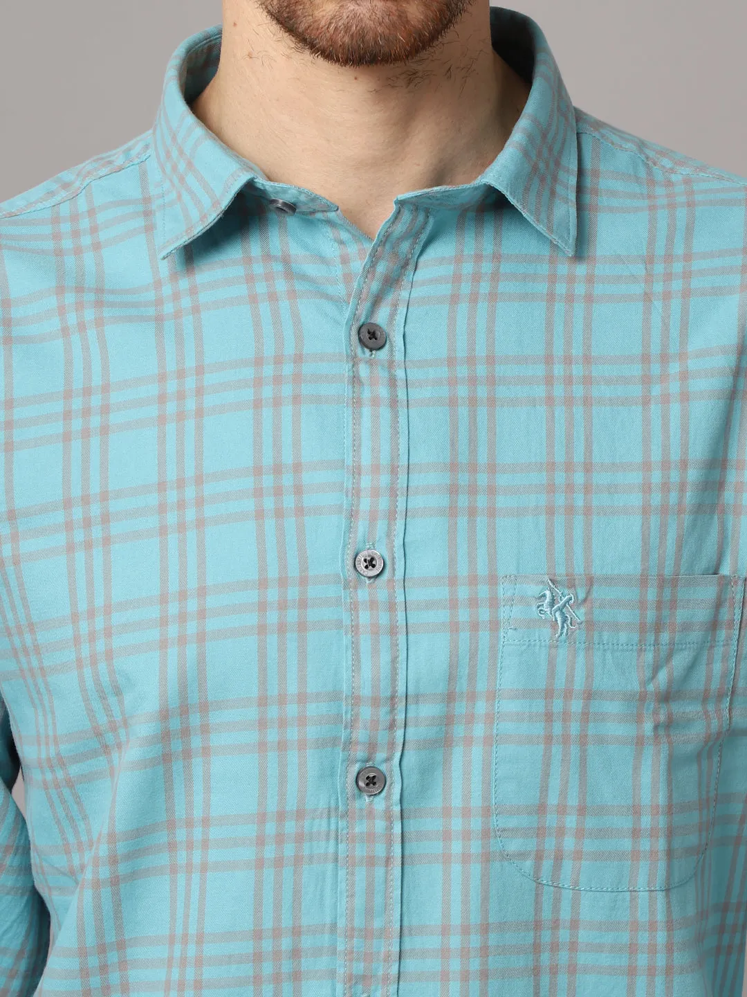 Men's Aqua Blue Casual Medium Checks Full Sleeve Shirt