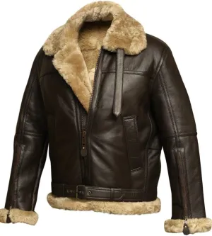 Men's B3 Bomber Aviator Jacket - Winter Faux Shearling Real Sheepskin Leather Jackets for Men, Black/Brown