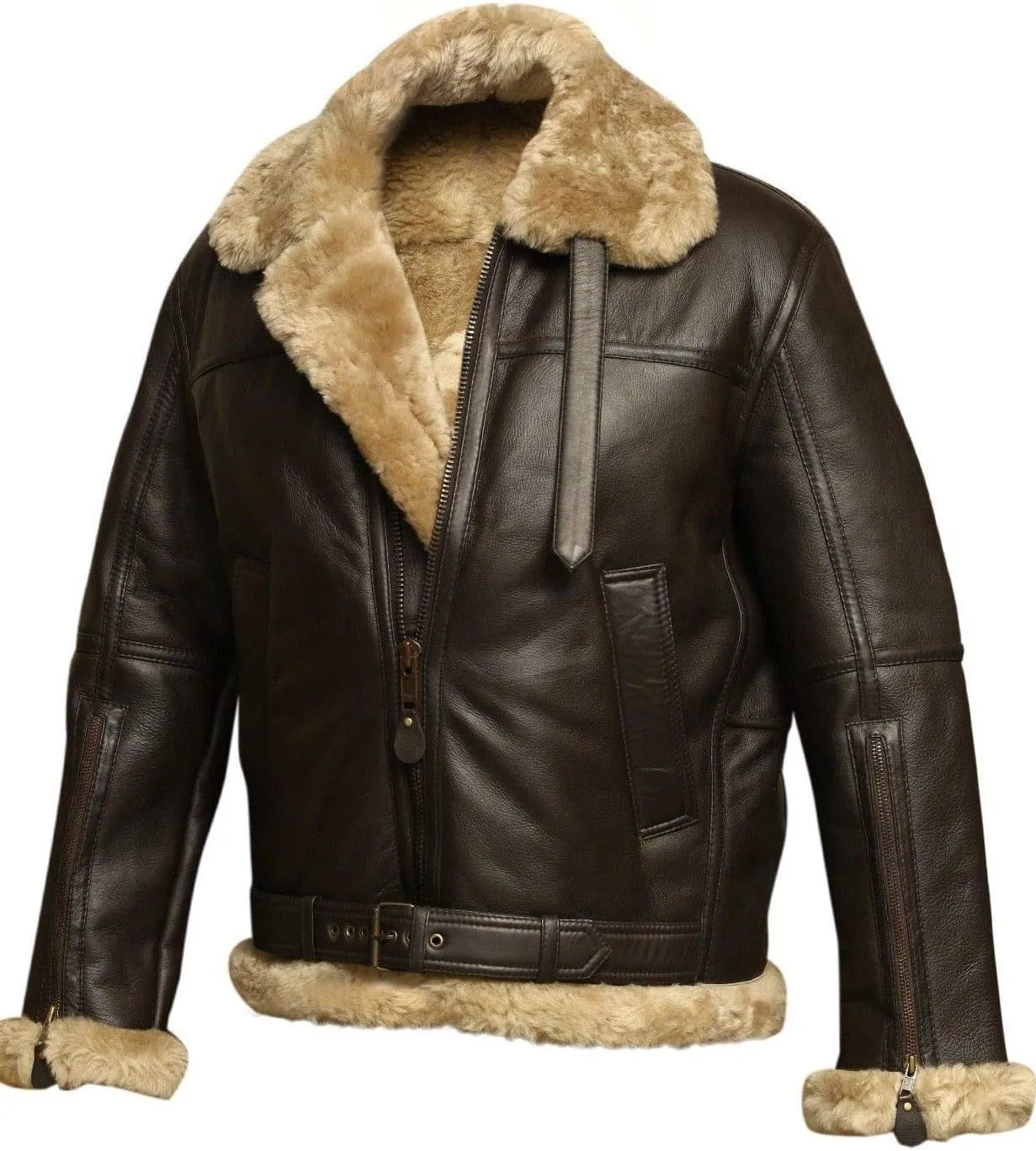 Men's B3 Bomber Aviator Jacket - Winter Faux Shearling Real Sheepskin Leather Jackets for Men, Black/Brown