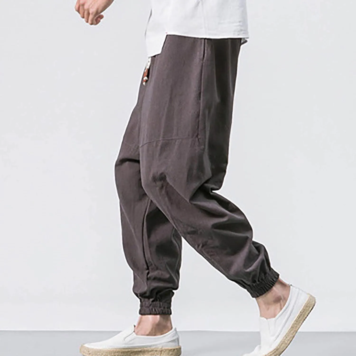 Mens Baggy Pants Drawstring Cotton Linen Wide Leg Yoga Pants Solid Color Baggy Pants