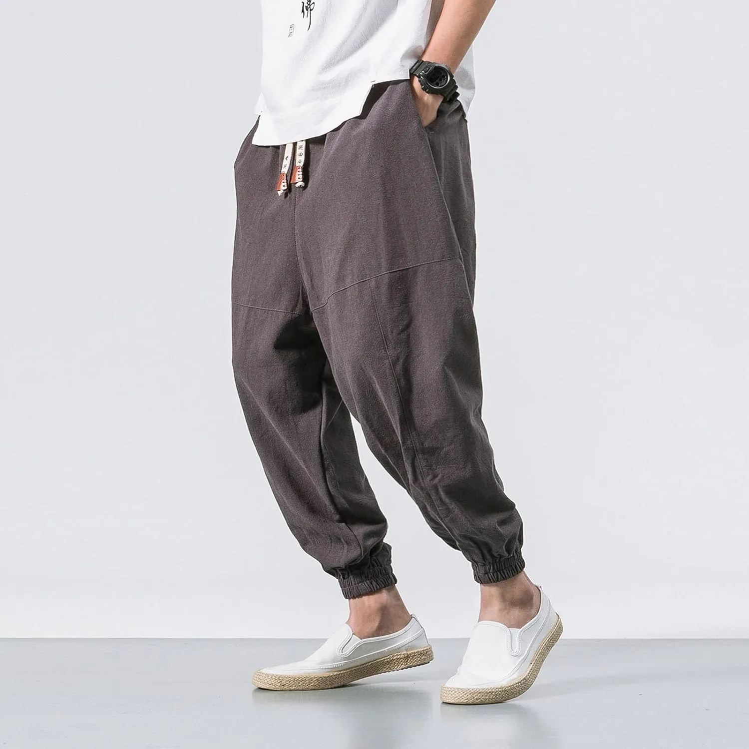 Mens Baggy Pants Drawstring Cotton Linen Wide Leg Yoga Pants Solid Color Baggy Pants