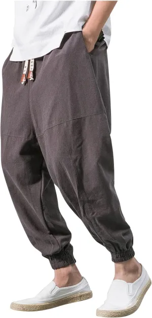Mens Baggy Pants Drawstring Cotton Linen Wide Leg Yoga Pants Solid Color Baggy Pants