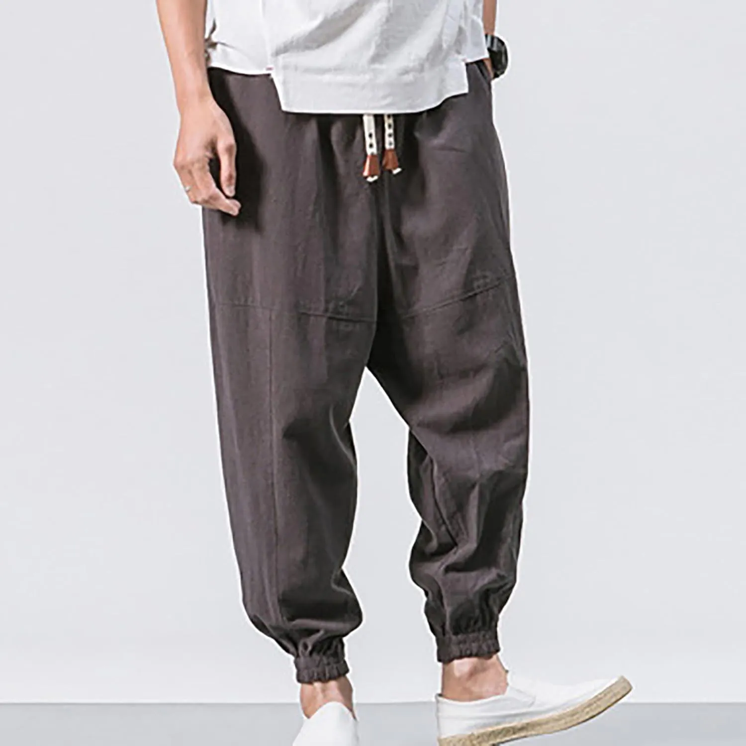 Mens Baggy Pants Drawstring Cotton Linen Wide Leg Yoga Pants Solid Color Baggy Pants
