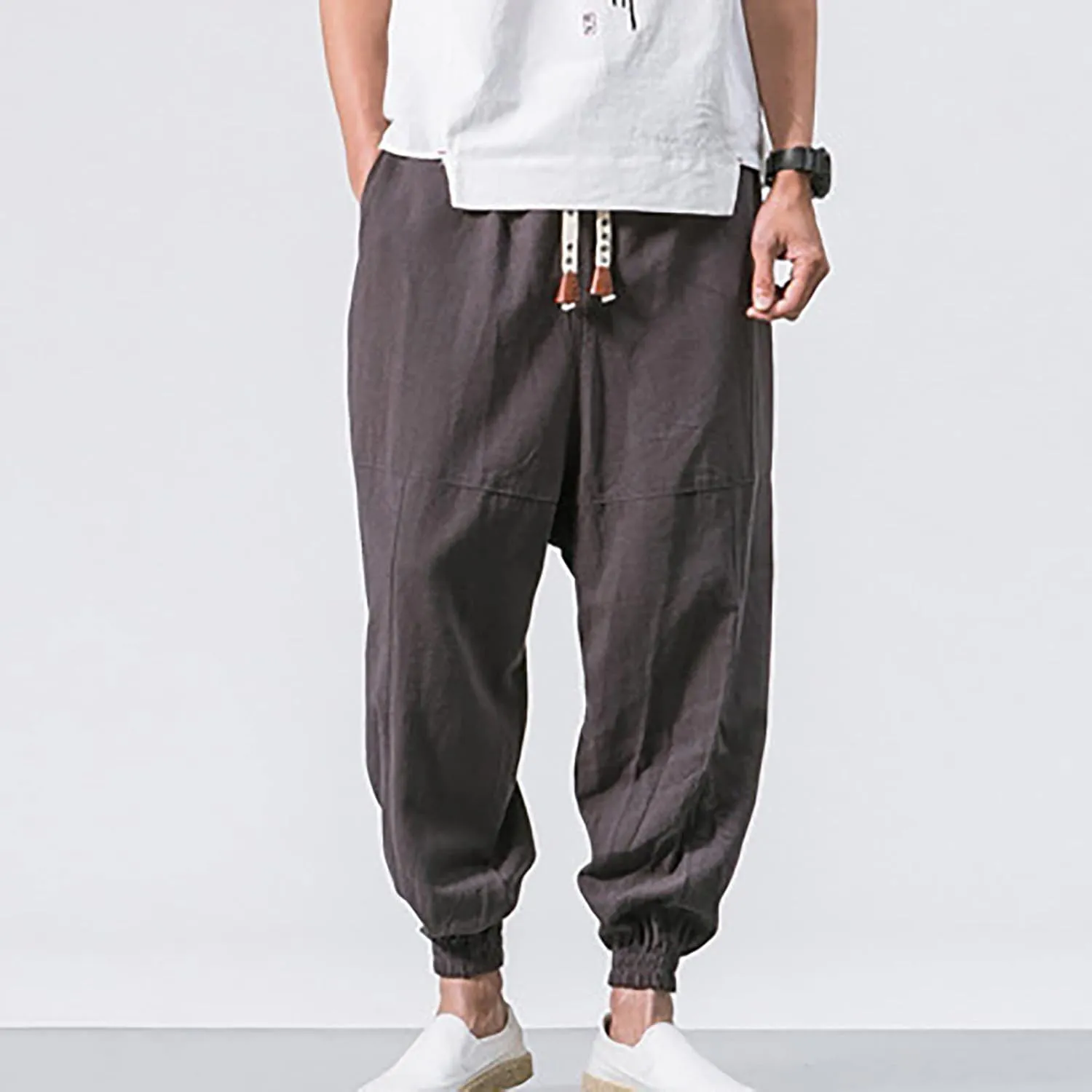 Mens Baggy Pants Drawstring Cotton Linen Wide Leg Yoga Pants Solid Color Baggy Pants