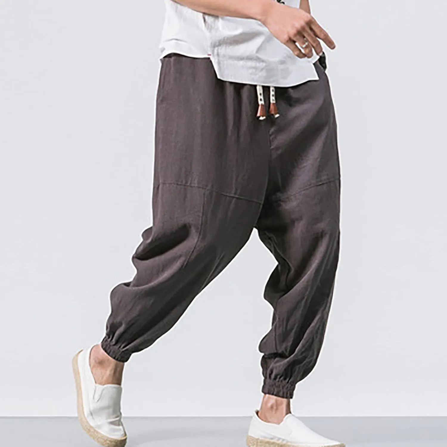 Mens Baggy Pants Drawstring Cotton Linen Wide Leg Yoga Pants Solid Color Baggy Pants
