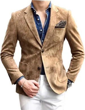 Mens Blazer Notch Lapel Suede Wear Coat Formal Single Breasted Thin Jacket