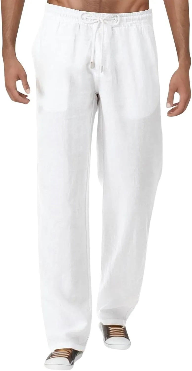 Mens Casual Pants Linen Pants Solid Color Fashion Stretch Summer Loose Elastic Waist Beach Straight Drawstring Pant