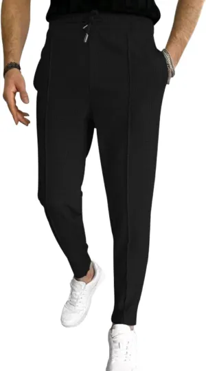 Men's Casual Waffle Pleated Pants Flat Front Athletic Running Workout Gym Sweatpants Drawstring Elastic Waist with Pockets