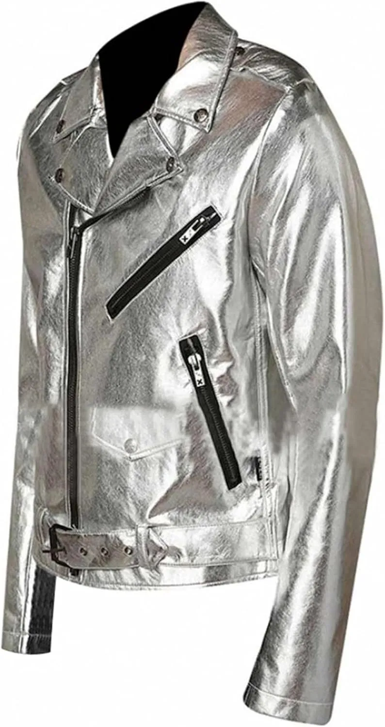 Men's Casual Wear Shiny Silver Motorcycle Jacket - Slim Fit Brando Biker Belted Leather Coat