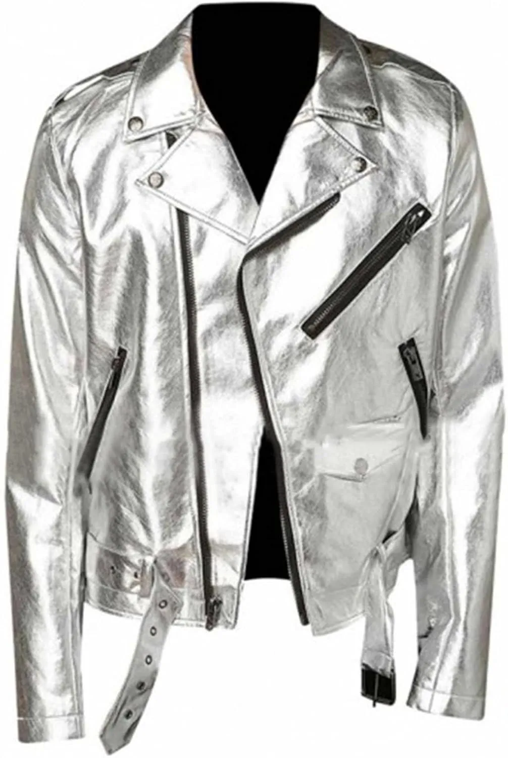 Men's Casual Wear Shiny Silver Motorcycle Jacket - Slim Fit Brando Biker Belted Leather Coat
